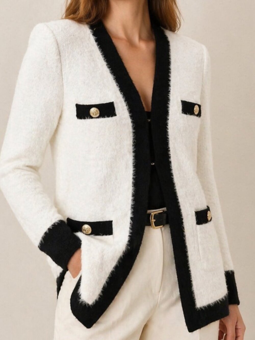 L’AGENCE Elin Cardigan White Black Contrast Knit Jacket Small